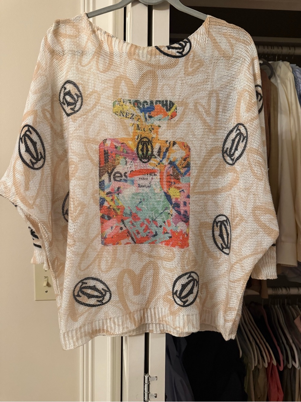 Free People Cream Knit Pullover with Multicolor Graphic Bottle